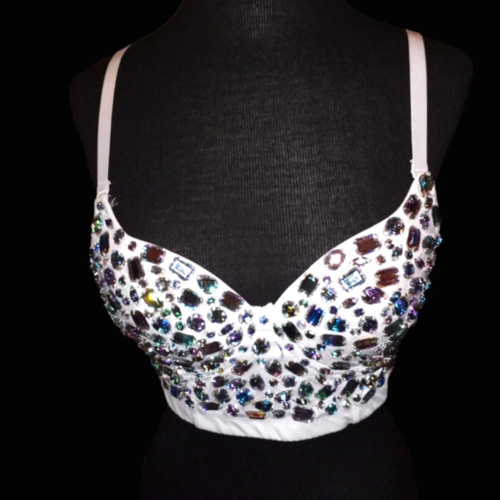 Womans rhinestone bustier crop top with Rainbow-like gemstones